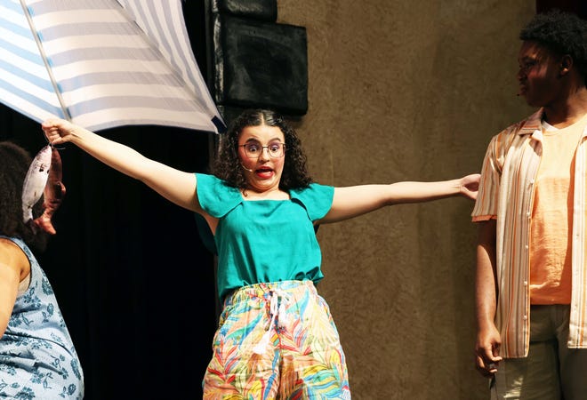 Dounia Namir as Rosie during dress rehearsal for the Brockton High School Drama Club's production of "Mamma Mia!" on Thursday, May 11, 2023. The shows are at 7:30 p.m. Friday and Saturday, May 12-13, and at 6 p.m. on Sunday, May 14.