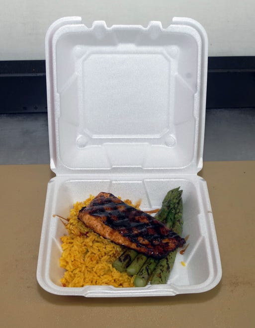 From the Bobcats Food truck menu on Friday, Nov. 3, 2023: Grilled salmon with 2 sides, rice and asparagus.
