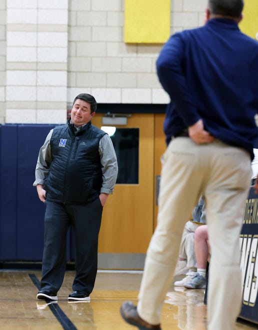Norwell head coach Matthew Marani reacts to a foul called during a game versus East Bridgewater on Friday, Jan. 5, 2024.