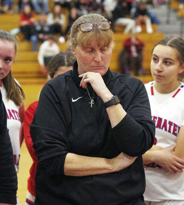 Even though her Trojans enjoyed a significant lead at halftime, Bridgewater-Raynham coach Cheryl Seavey continues to ponder strategy as she gets ready for the 2nd half of the game against North Quincy on Monday, Jan. 8, 2024.