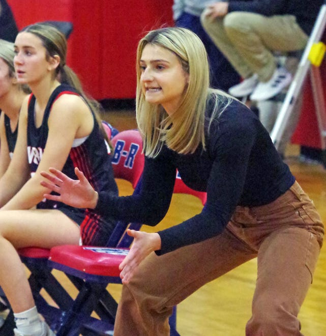 North Quincy girls varsity basketball coach Liana Cunningham on the sidelines during the game with Bridgewater-Rayham on Jan. 8, 2024.