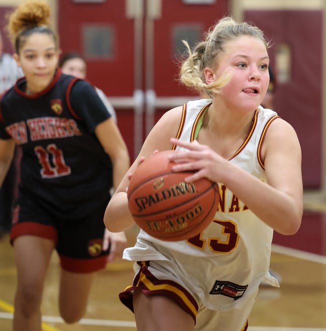Cardinal Spellman's Erin O'Donnell dribbles during a game versus New Heights on Tuesday, Jan. 9, 2024.