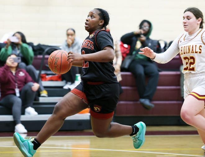 New Heights Naziiah Herisse scores a basket during a game versus Cardinal Spellman on Tuesday, Jan. 9, 2024.