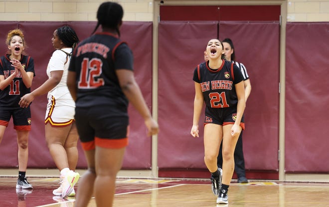 New Heights Jizzelle Stephney celebrates her defensive turnover during a game versus Cardinal Spellman on Tuesday, Jan. 9, 2024.