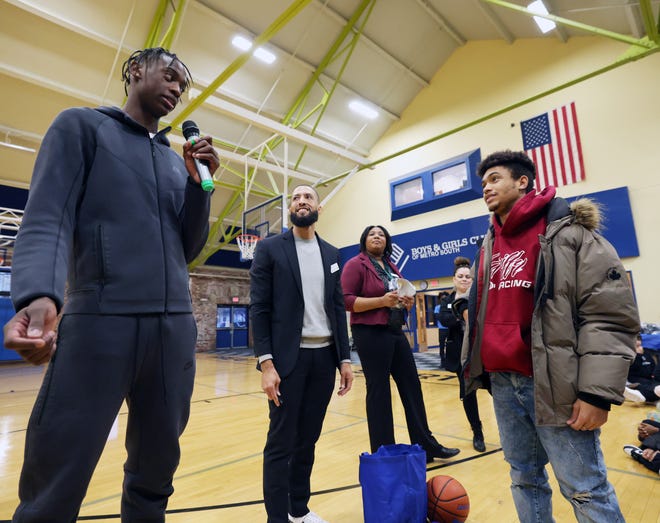 Brockton's AJ Dybantsa, 16, answered questions from students during his visit the Boys & Girls Clubs of Metro South on Wednesday, Jan. 10, 2024.