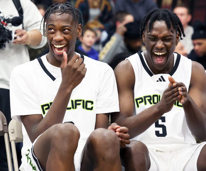 Prolific Prep's AJ Dybantsa, left, with teammate Zoom Diallo share a laugh before a game versus Orangeville Prep on Wednesday, Jan. 10, 2024.
