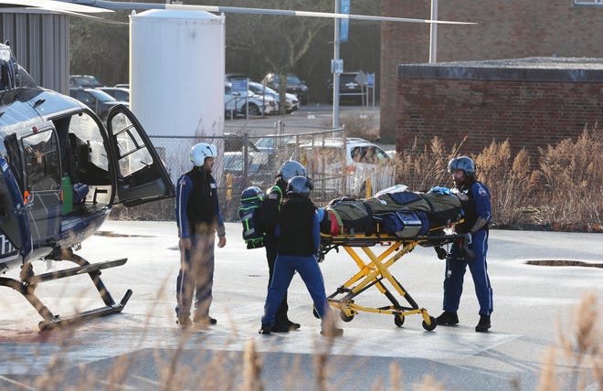 Four people were seriously injured in a rollover crash near 260 Belair St. in Brockton on Saturday, Jan. 14, 2024. One of the victims was flown by medical helicopter to a Boston hospital.