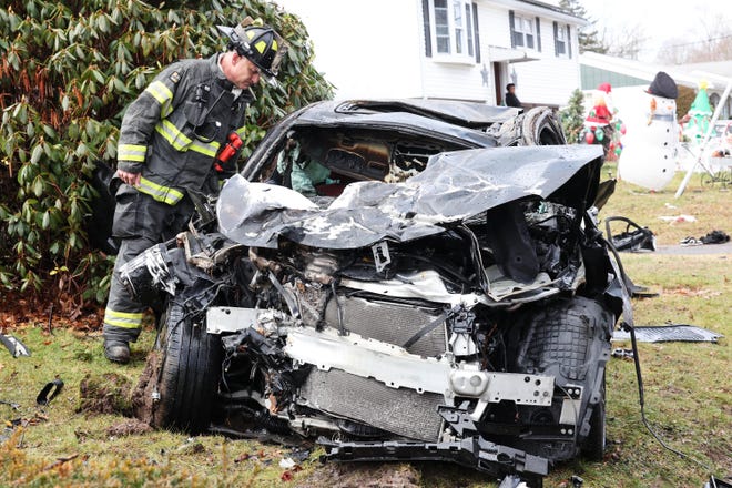 Four people were seriously injured in a rollover crash near 260 Belair St. in Brockton on Saturday, Jan. 14, 2024. One of the victims was flown by medical helicopter to a Boston hospital.