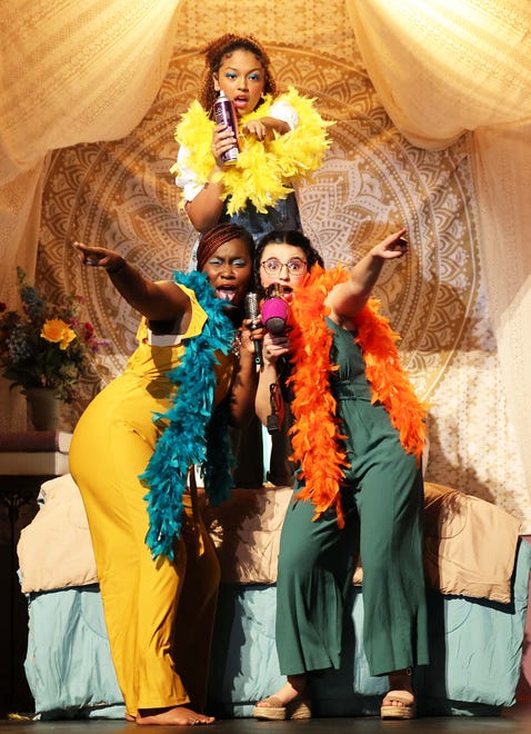 Yanisa Andrade as Donna Sheridan, top, Dounia Namir as Rosie, right, and Esther Onyeka as Tanya during dress rehearsal for the Brockton High School Drama Club's production of "Mamma Mia!" on Thursday, May 11, 2023. The shows are at 7:30 p.m. Friday and Saturday, May 12-13, and at 6 p.m. on Sunday, May 14.