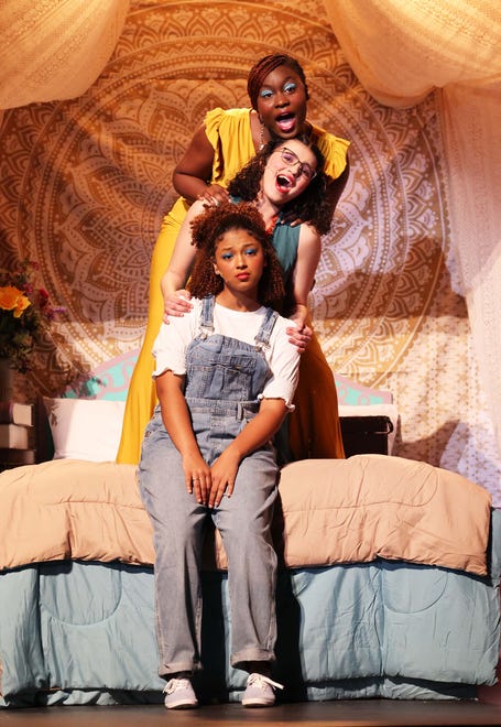 Yanisa Andrade as Donna Sheridan, bottom, Dounia Namir as Rosie, center, and Esther Onyeka as Tanya during dress rehearsal for the Brockton High School Drama Club's production of "Mamma Mia!" on Thursday, May 11, 2023. The shows are at 7:30 p.m. Friday and Saturday, May 12-13, and at 6 p.m. on Sunday, May 14.