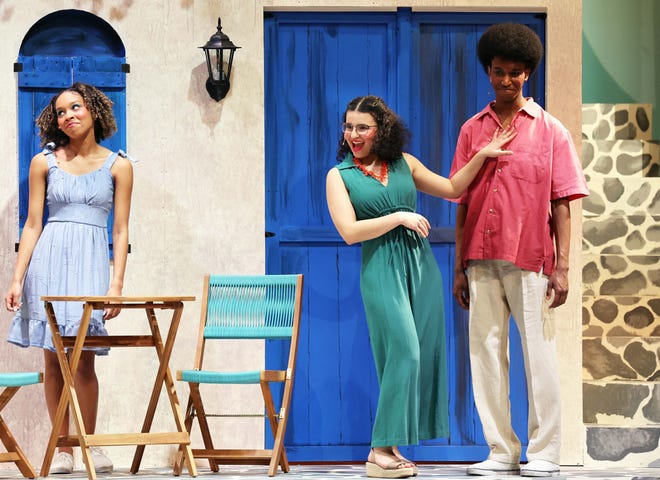 From left, Andrea Moreno as Sophie Sheridan, Dounia Namir as Rosie and Marcel McLaren as Sky during dress rehearsal for the Brockton High School Drama Club's production of "Mamma Mia!" on Thursday, May 11, 2023. The shows are at 7:30 p.m. Friday and Saturday, May 12-13, and at 6 p.m. on Sunday, May 14.