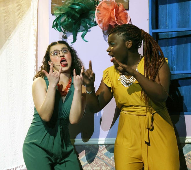 From left, Dounia Namir as Rosie, and Esther Onyeka as Tanya during dress rehearsal for the Brockton High School Drama Club's production of "Mamma Mia!" on Thursday, May 11, 2023. The shows are at 7:30 p.m. Friday and Saturday, May 12-13, and at 6 p.m. on Sunday, May 14.