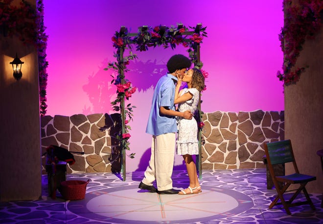 Andrea Moreno as Sophie Sheridan and Marcel McLaren as Sky during dress rehearsal for the Brockton High School Drama Club's production of "Mamma Mia!" on Thursday, May 11, 2023. The shows are at 7:30 p.m. Friday and Saturday, May 12-13, and at 6 p.m. on Sunday, May 14.